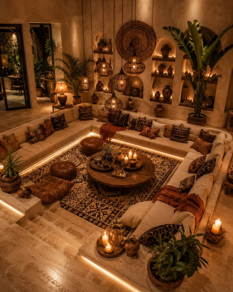 Afrohemian Living Room With Sculptural Wooden Décor Idea