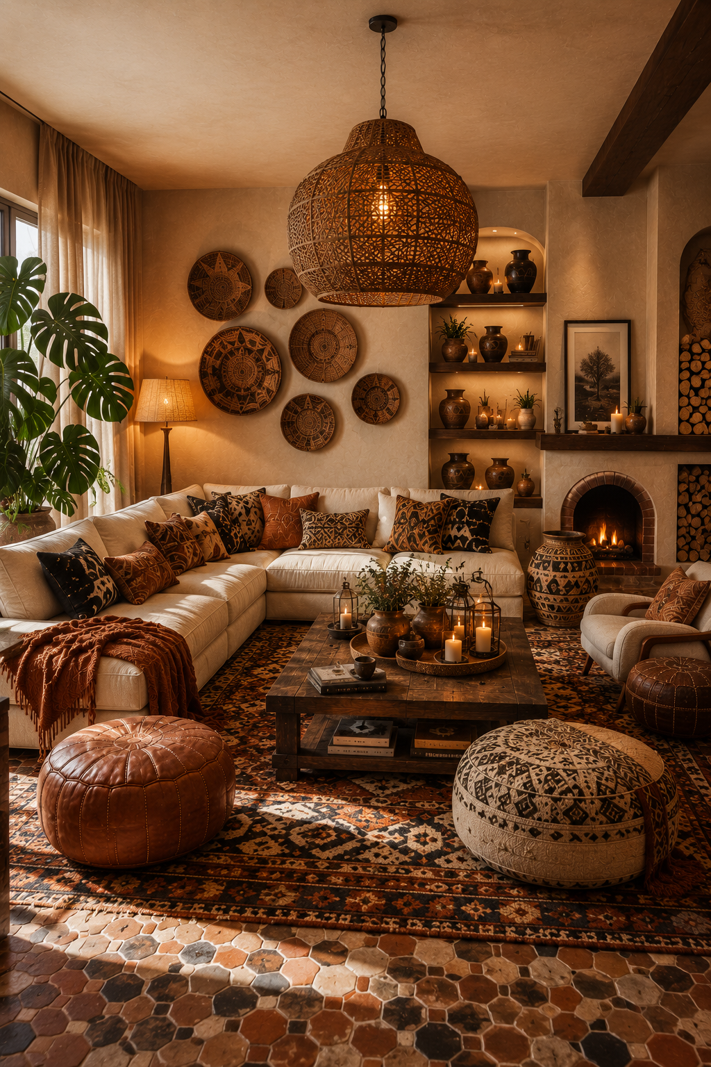 Afrohemian Living Room With Layered Earth-Tone Textiles Idea