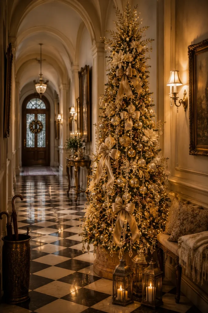 Antique Gold Hallway Christmas Tree Idea