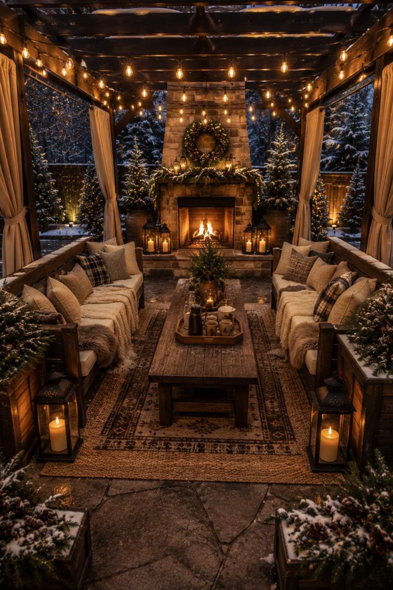 Backyard Pergola Fireplace Seating Idea