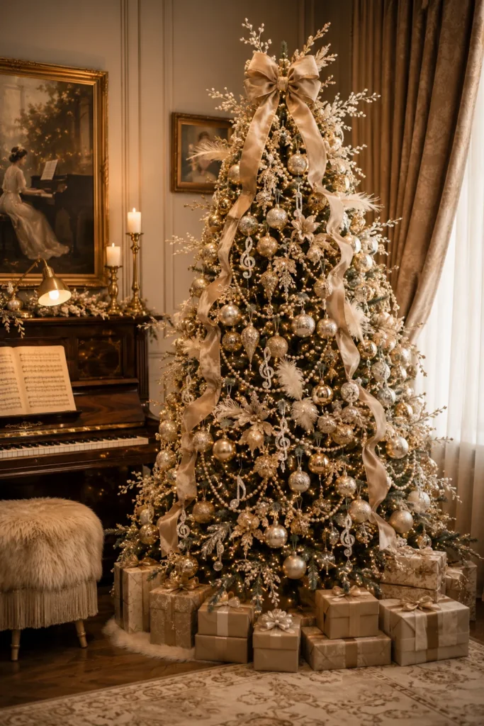 Beige Velvet Music Room Christmas Tree Idea