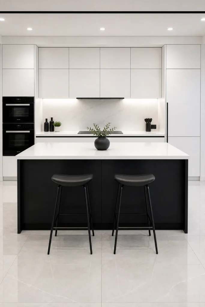 Black & White Contrast Island with Bold Geometry Idea