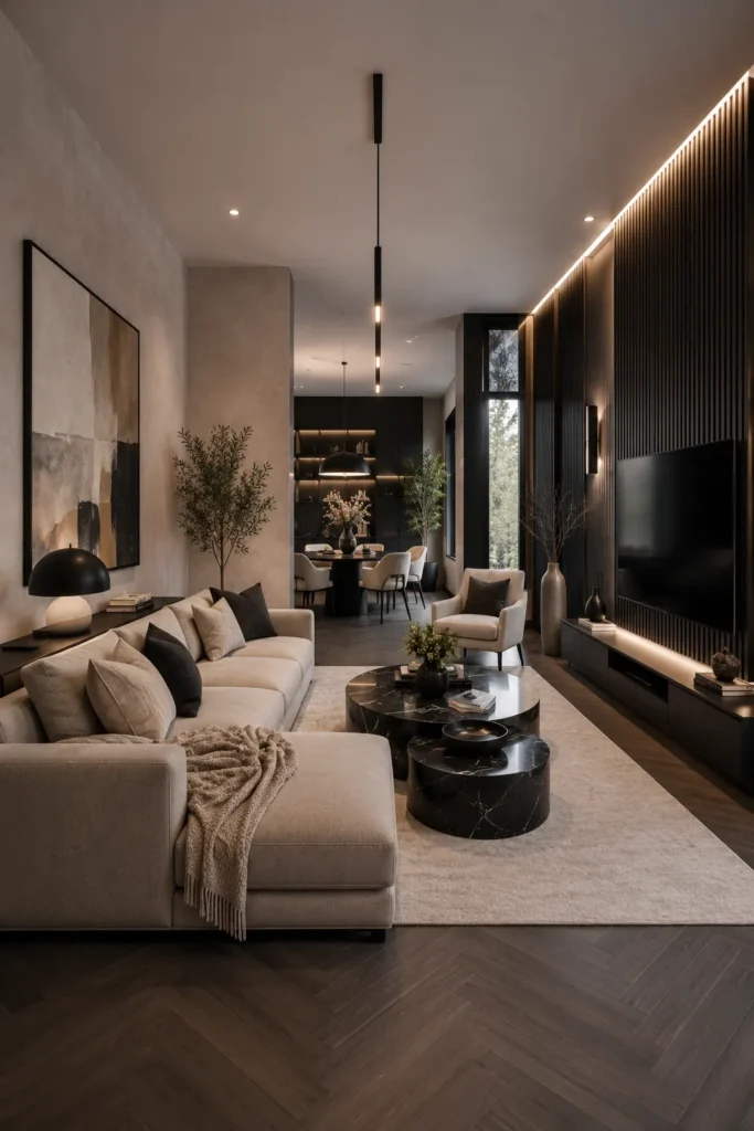 Black and Beige Contrast Terraced Living Room Idea