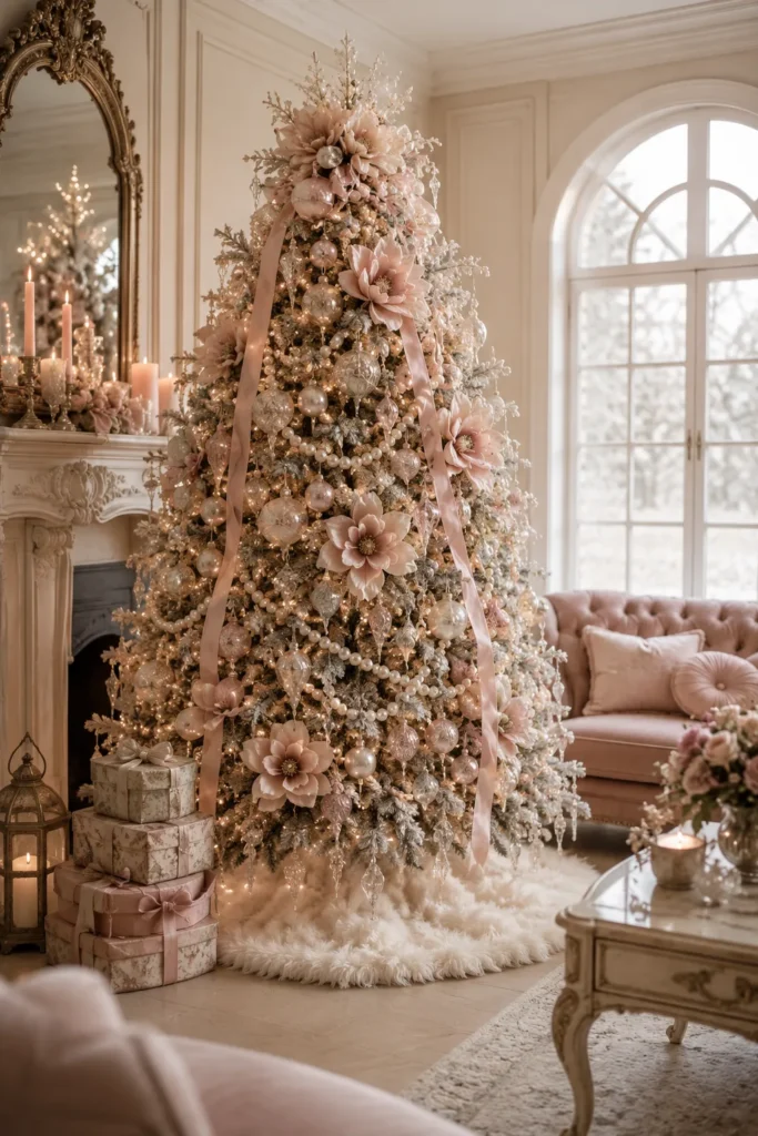 Blush Pink & Pearl Living Room Christmas Tree Idea