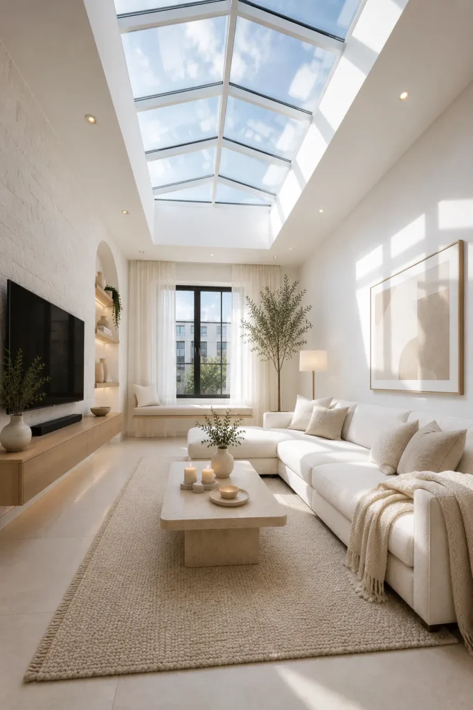 Bright White Living Room With Skylight Ceiling Idea