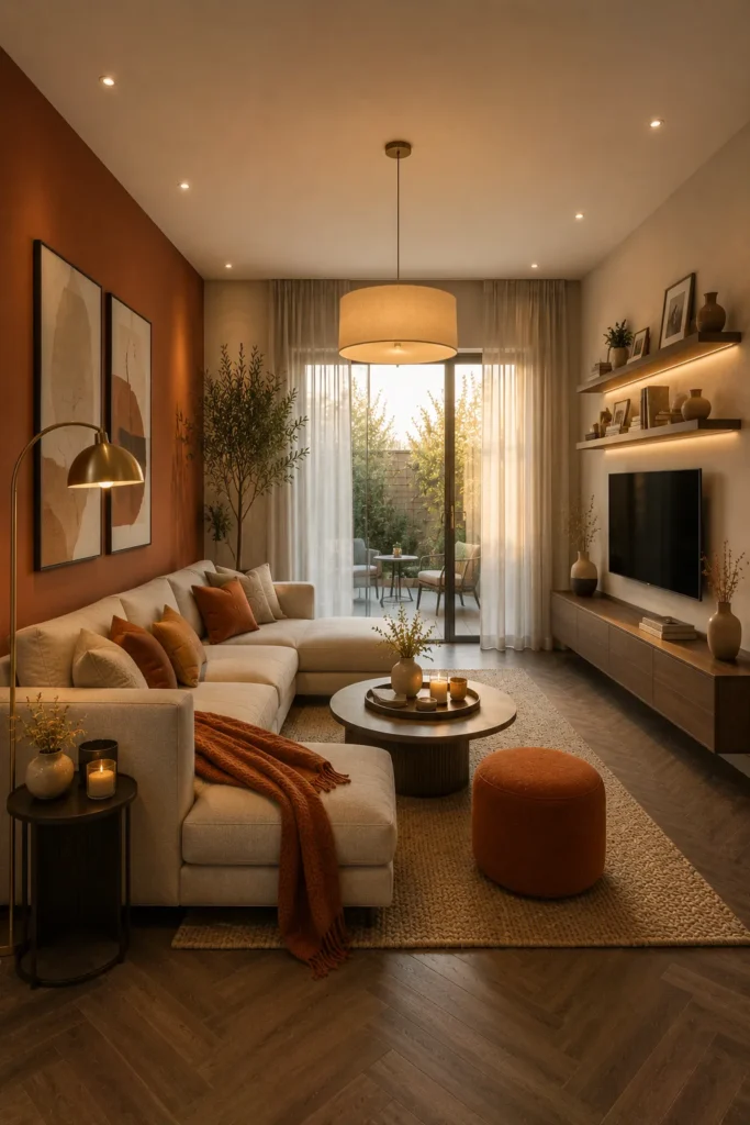 Burnt Orange Accent Modern Living Room Idea