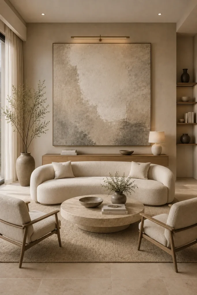 Calm Luxury Living Room With Oversized Art Idea