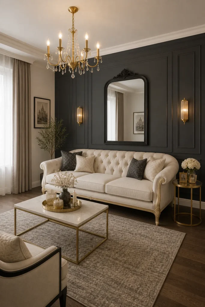 Charcoal Contrast Modern Rococo Living Room Idea