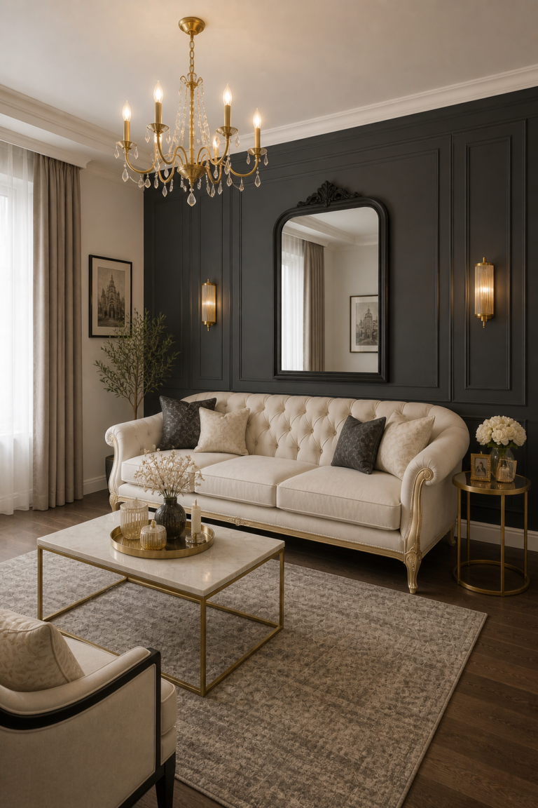 Charcoal Contrast Modern Rococo Living Room Idea