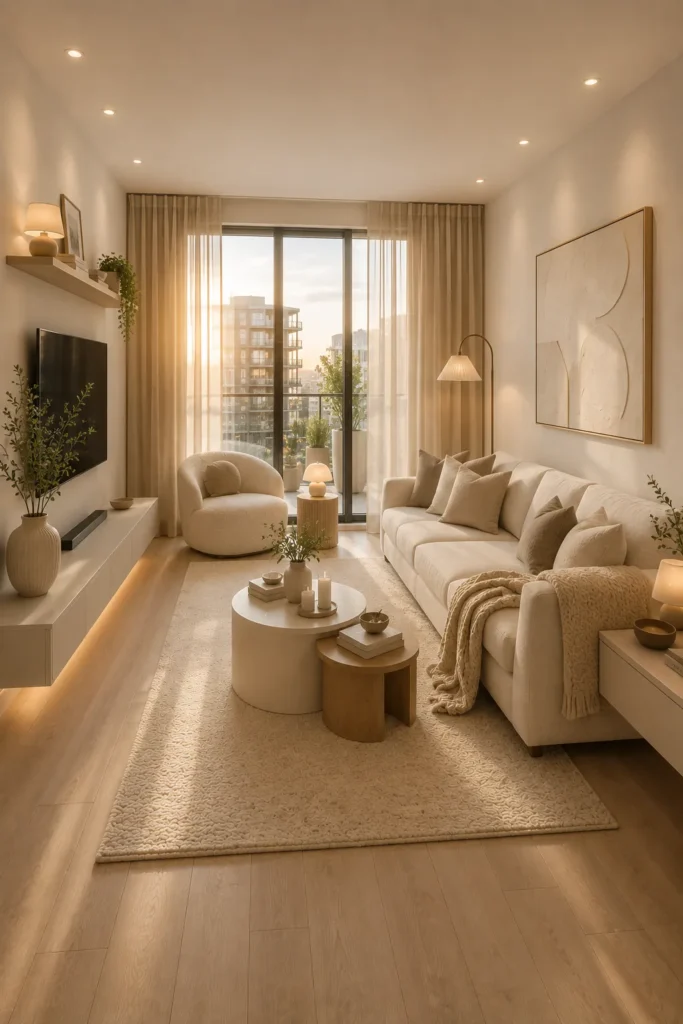 Chic White Apartment Living Room With Beige Layers Idea