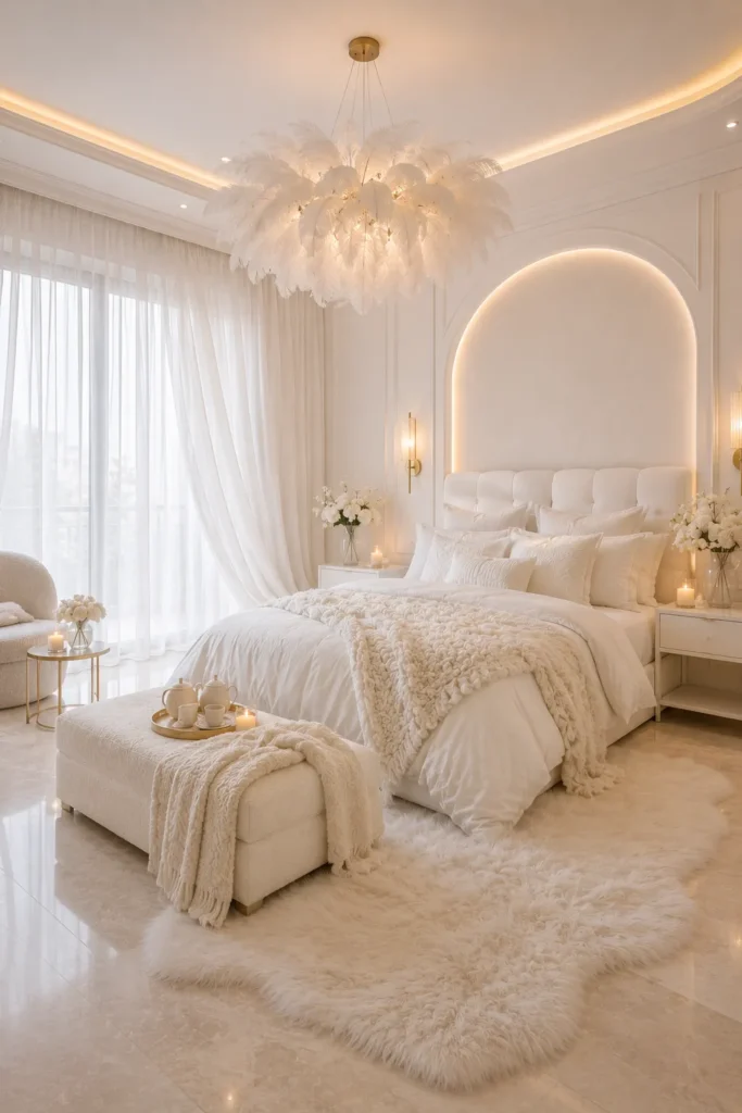 Cloud-Inspired White Bedroom with Soft Glow Idea