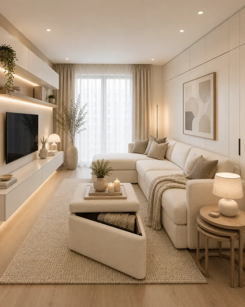Compact White Living Room With Hidden Storage Idea