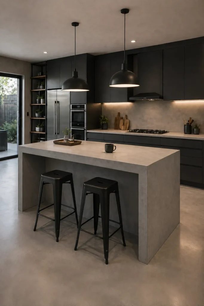 Concrete Finish Island with Industrial Modern Look Idea