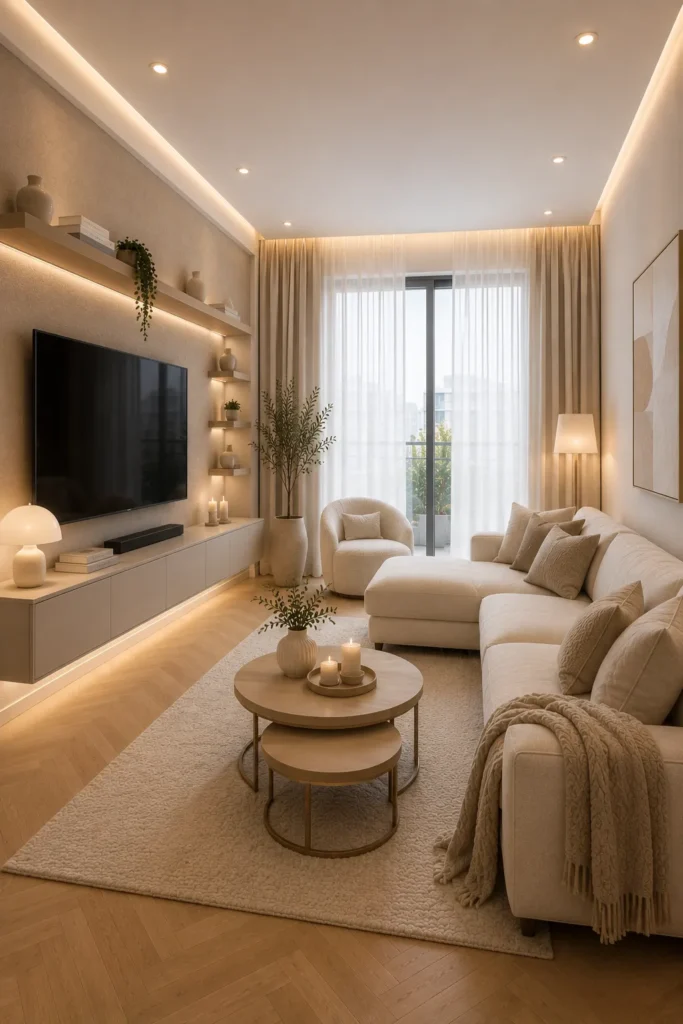 Contemporary White Living Room With Floating TV Unit Idea