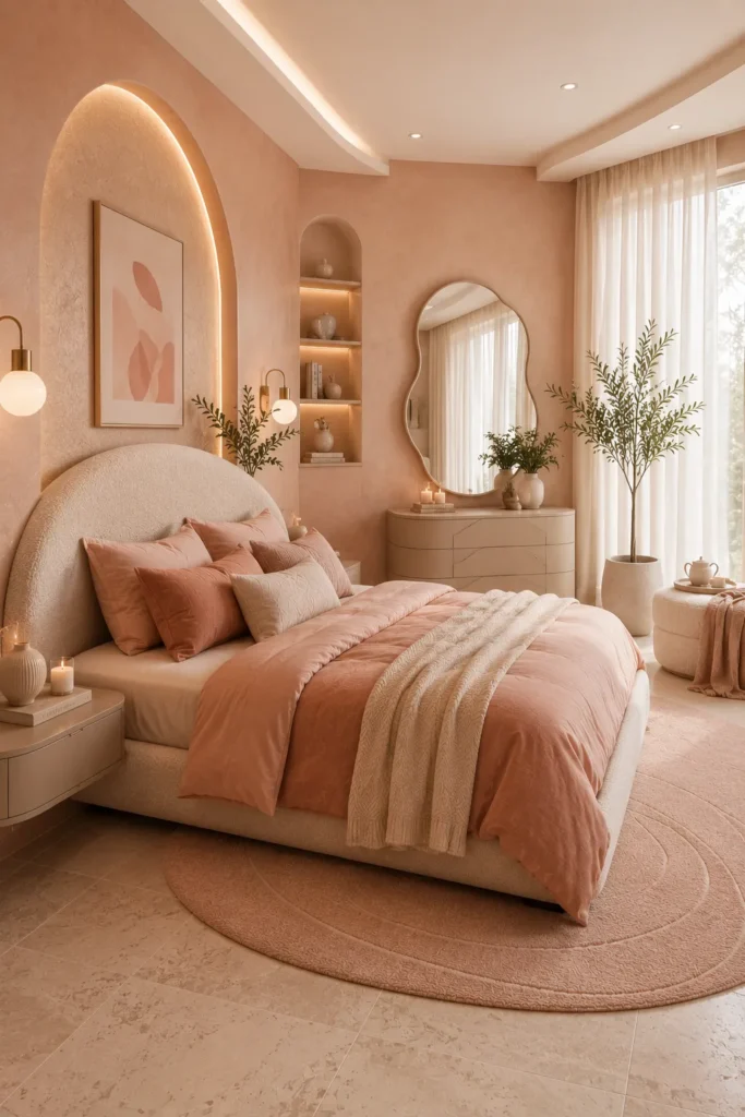 Contemporary Peach Bedroom with Curved Headboard Idea