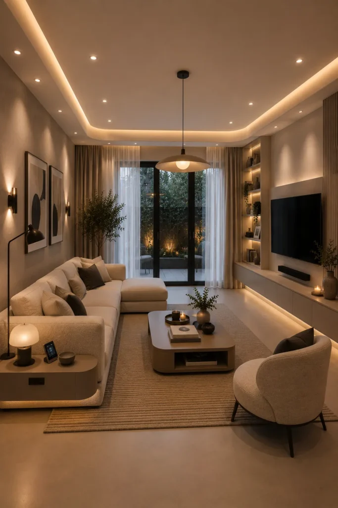 Contemporary Neutral Living Room with Smart Lighting Idea