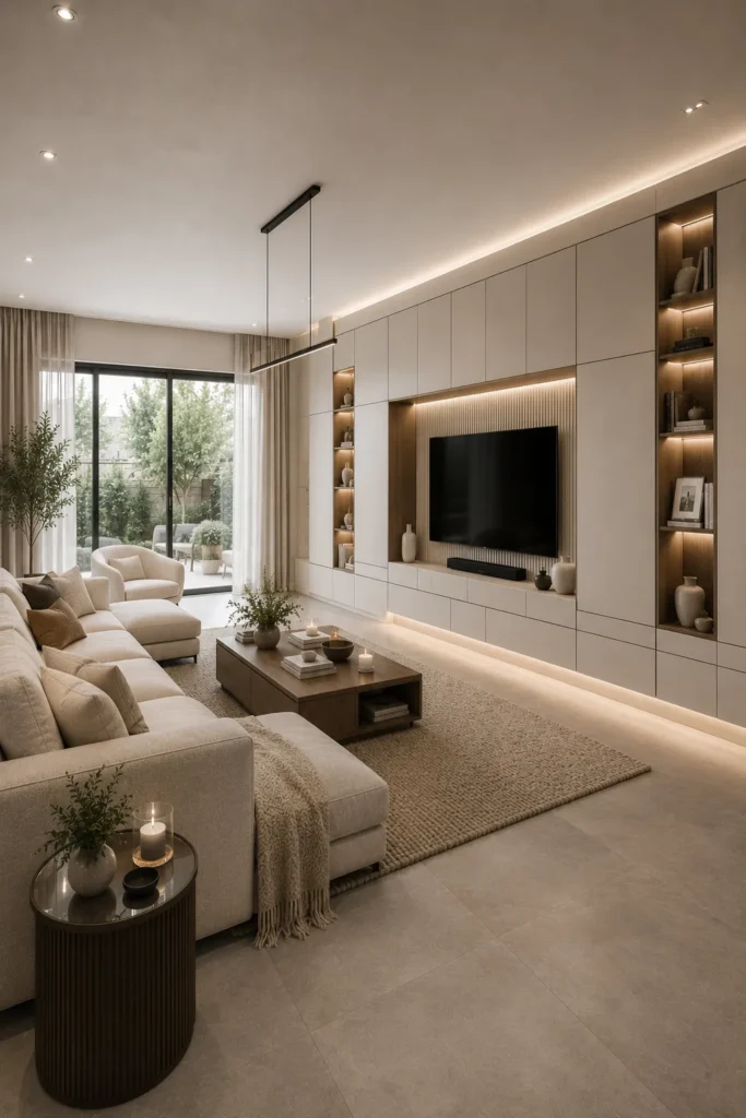 Contemporary Living Room with Hidden Storage Walls Idea