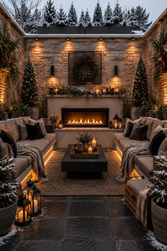 Courtyard Bench Seating with Fireplace Wall Idea