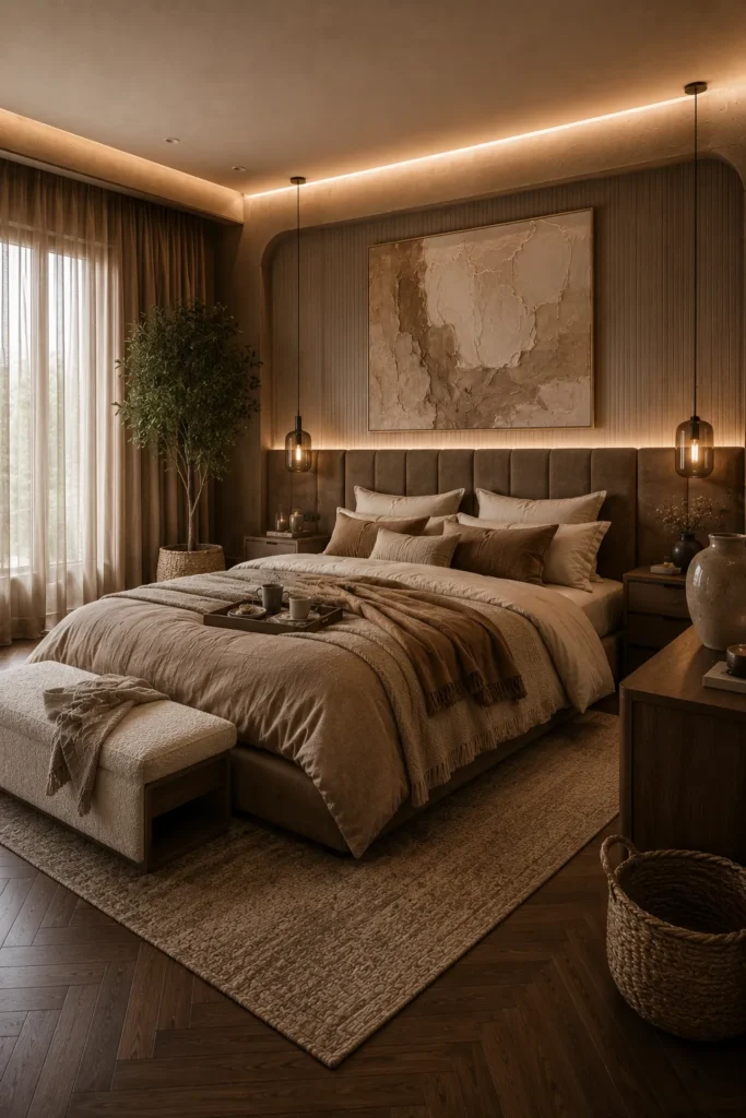 Cozy Coffee-Tone Bedroom with Textured Walls Idea