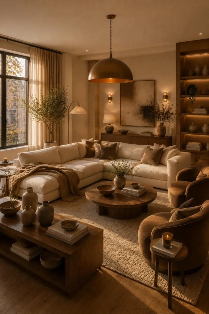 Cozy Quiet Luxury Living Room With Soft Brown Tones Idea