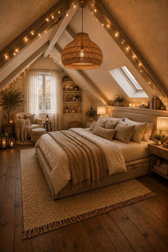 Cozy Attic Bedroom with Soft Lighting Idea