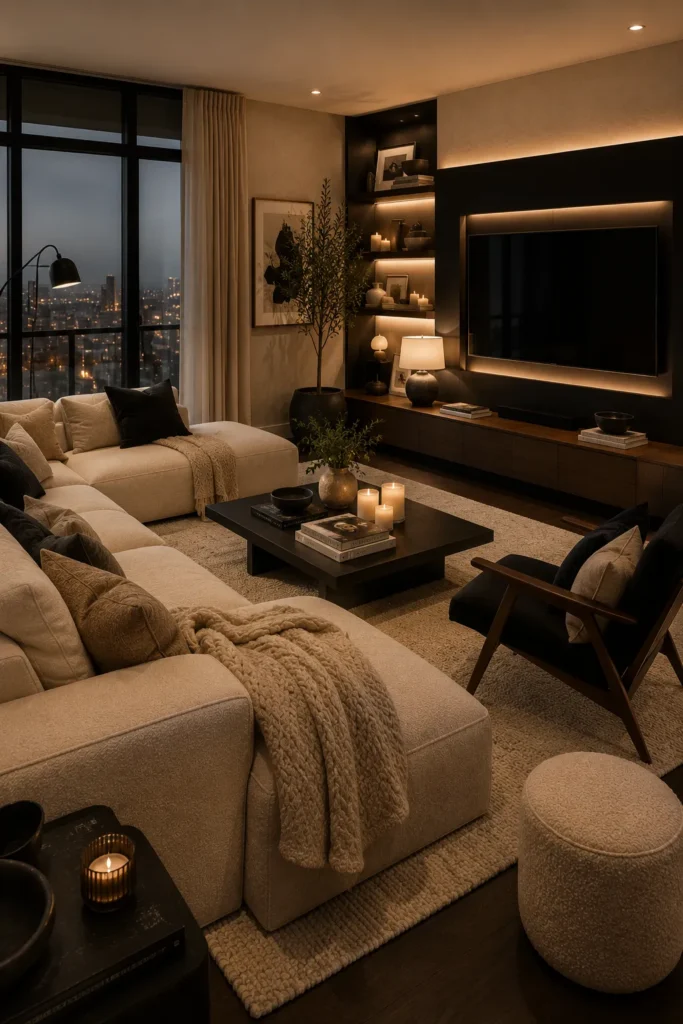 Cozy Black and Beige Contrast Living Room Idea