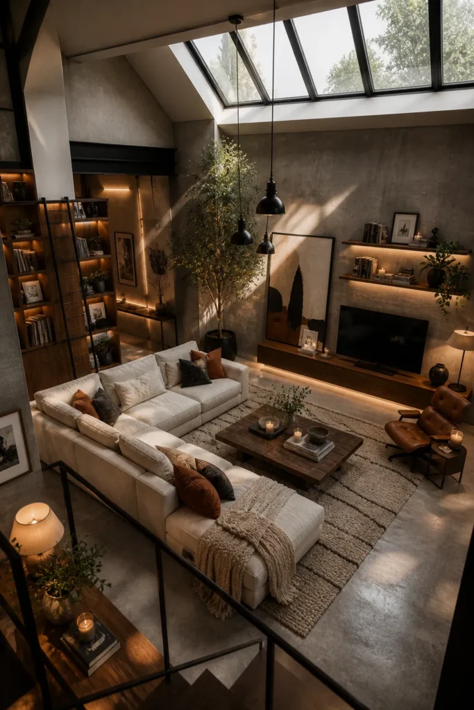 Cozy Loft Living Room with Skylight Idea