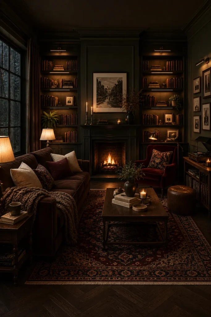 Cozy Dark Academia Inspired Living Room Idea