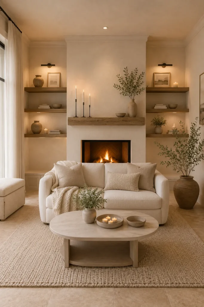 Cozy White Living Room With Fireplace Feature Idea