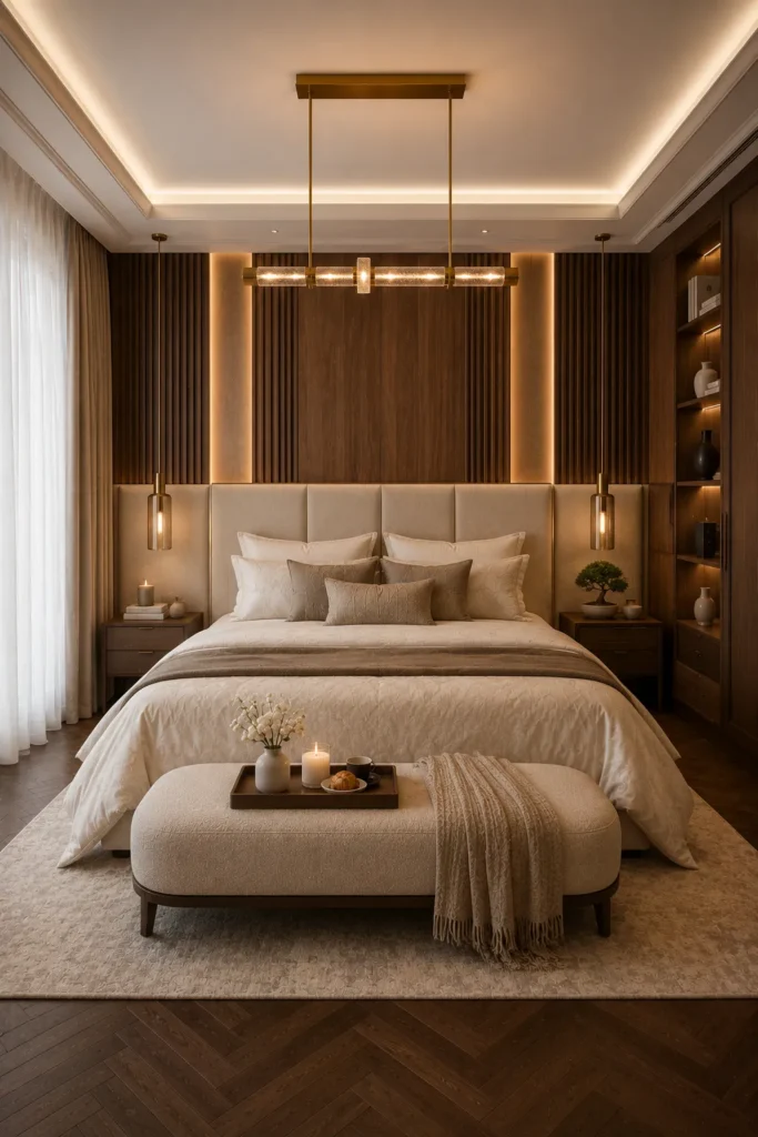 Cream and Walnut Bedroom with Hotel Styling Idea