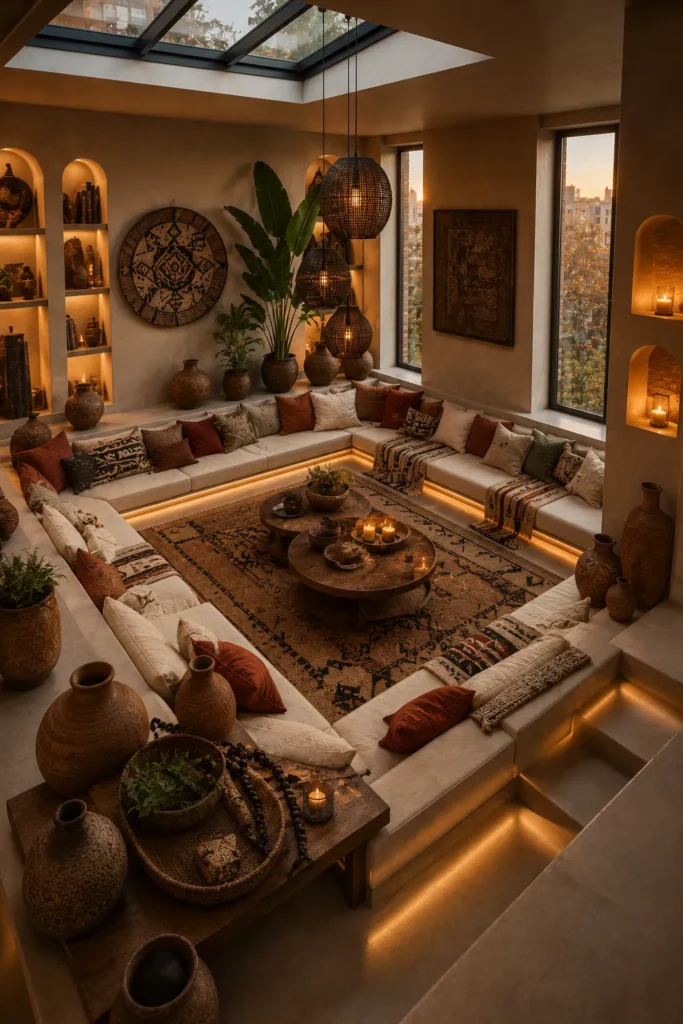 Cream & Rust Afrohemian Sunken Living Room Idea