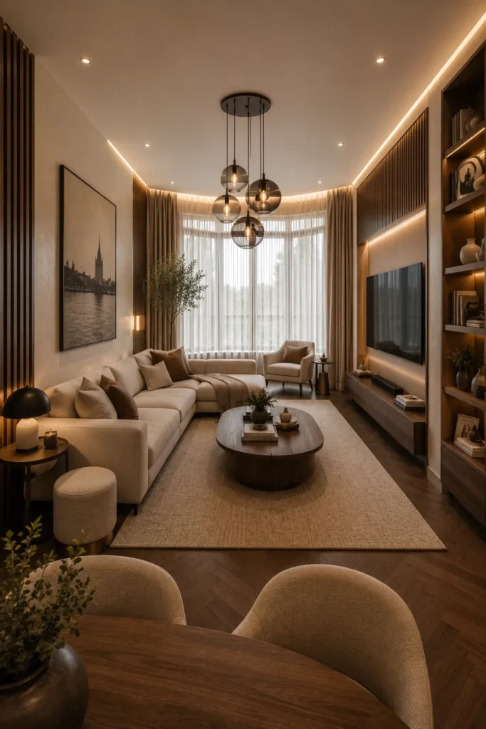 Cream and Walnut Terraced Living Room Idea