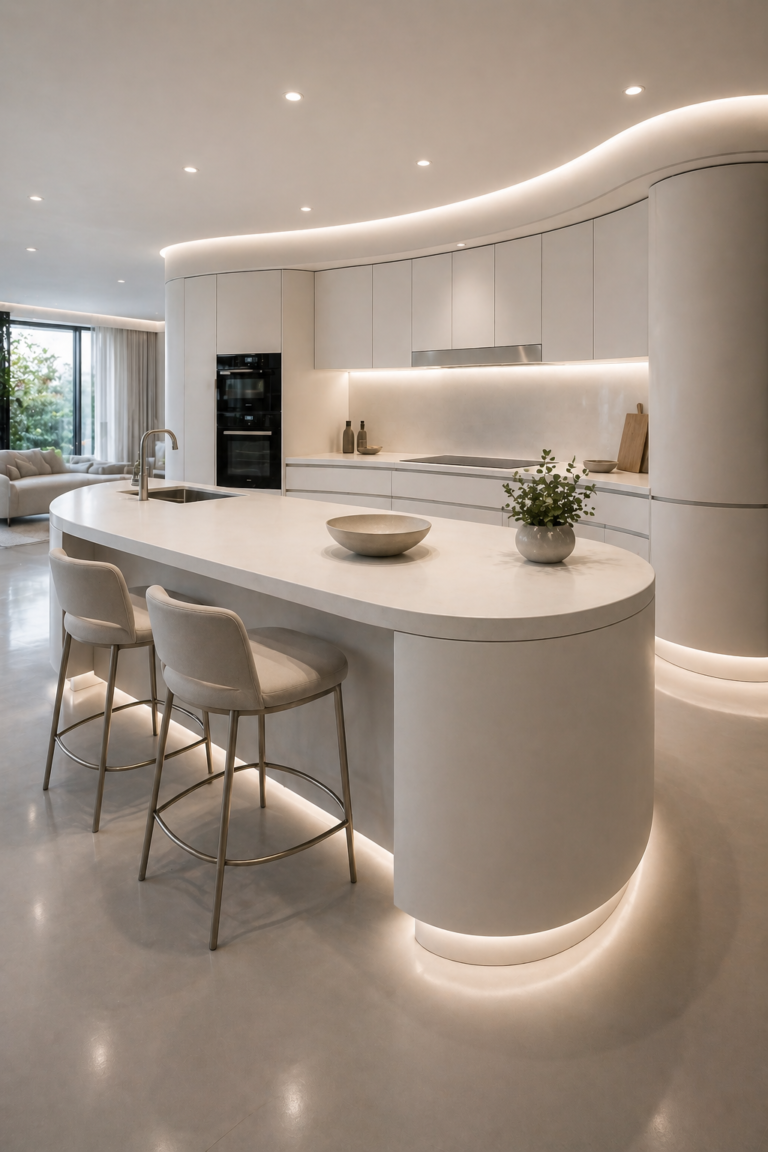 Curved Edge Island with Seamless Flow Idea