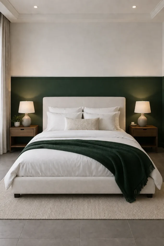 Dark Green and White Clean Contrast Bedroom Idea