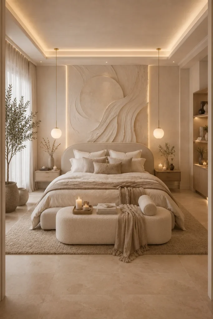 Dreamy Neutral Bedroom with Artistic Touches Idea
