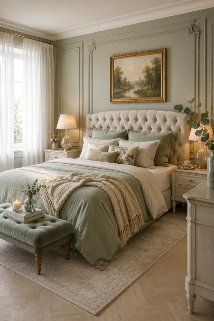 Dreamy Sage Green Bedroom with Elegant Molding Idea