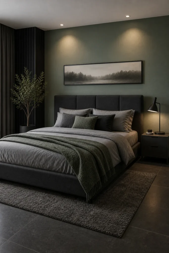 Dusty Green and Charcoal Modern Bedroom Idea