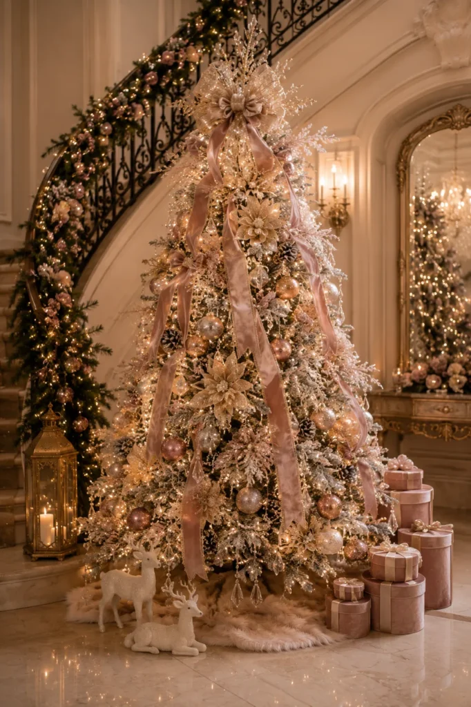Dusty Rose Glam Staircase Christmas Tree Idea