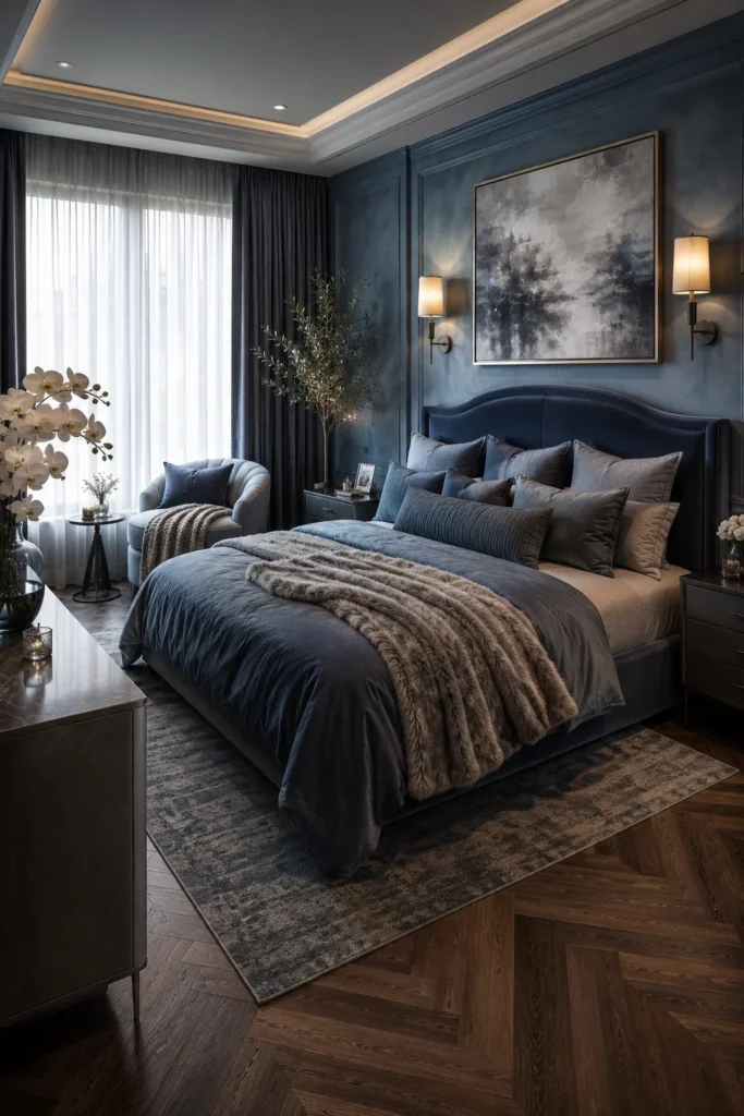 Dusty Blue Luxury Bedroom with Moody Lighting Idea