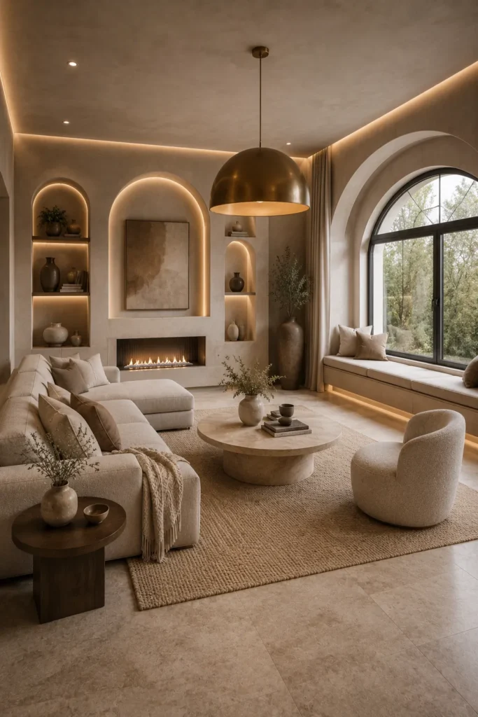 Earthy Modern Terraced Living Room with Arched Details Idea