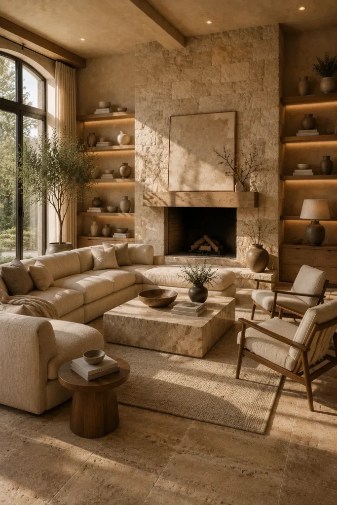 Earthy Neutral Living Room With Stone Accents Idea