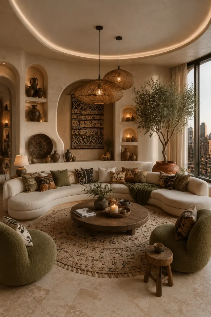 Earthy Afrohemian Living Room With Curved Architecture Idea