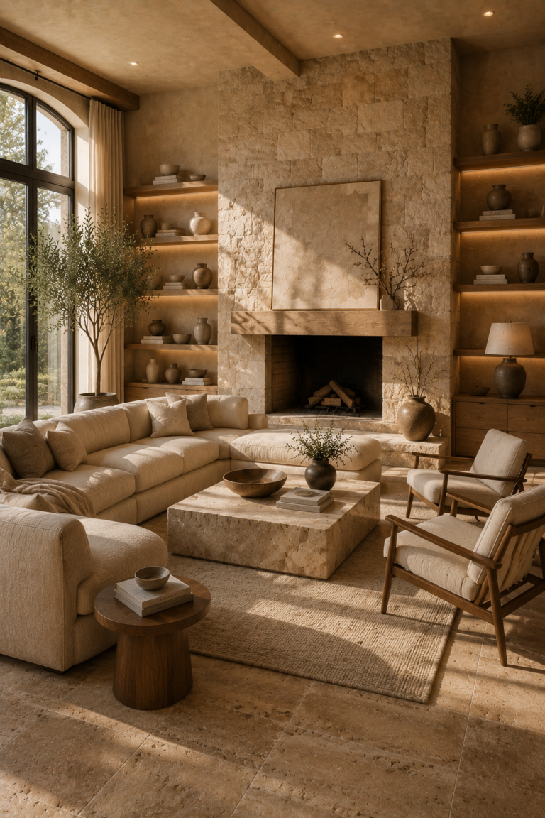 Earthy Neutral Living Room With Stone Accents Idea