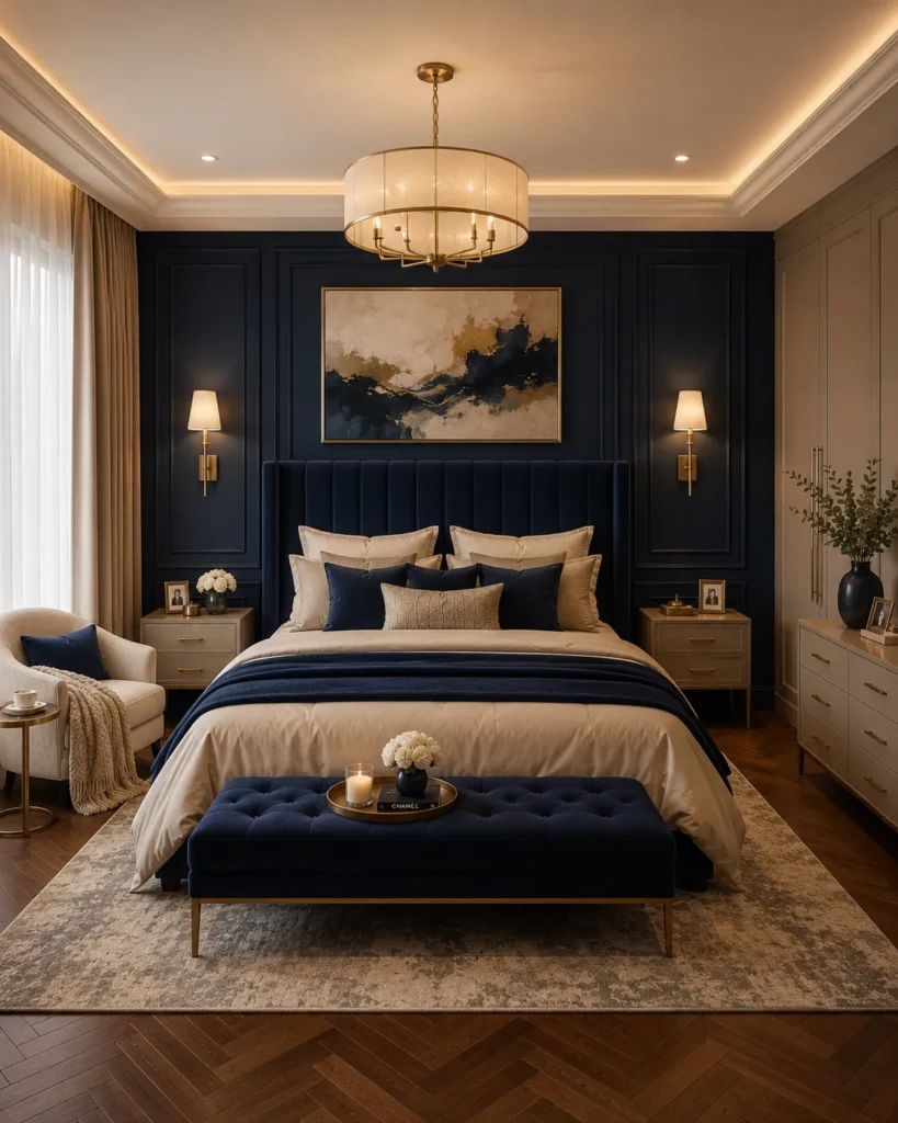 Elegant Navy and Beige Bedroom Idea
