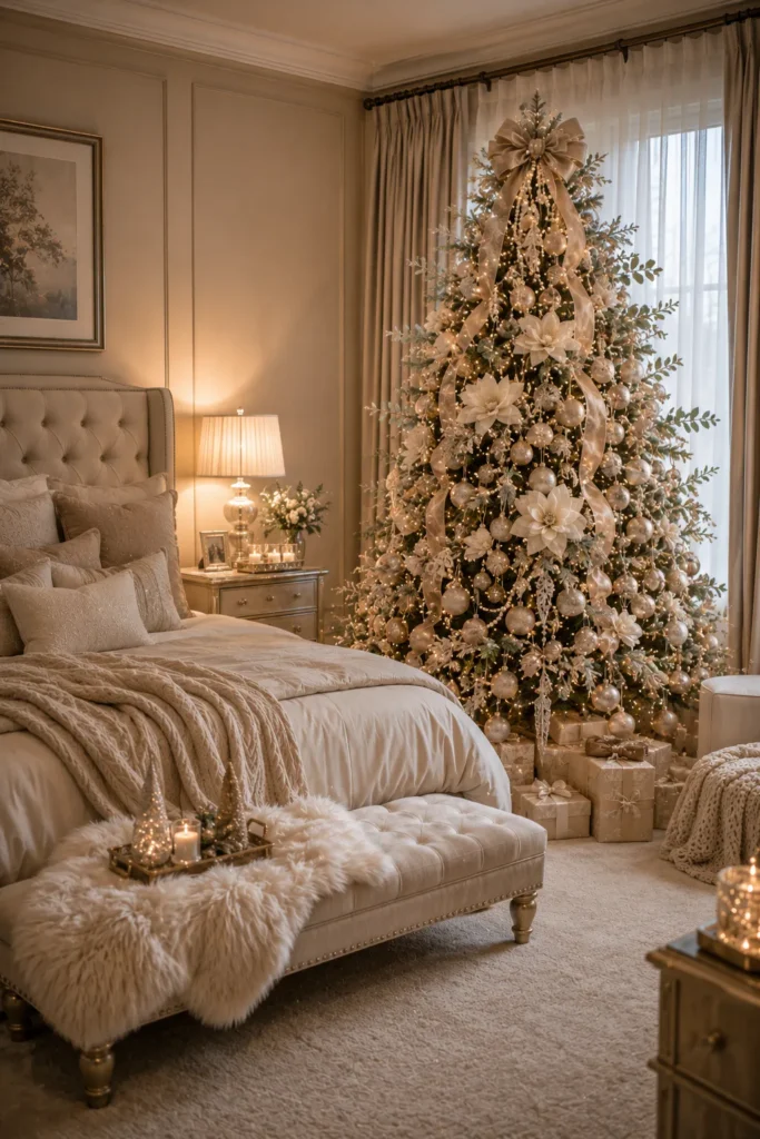 Elegant Neutral Master Suite Christmas Tree Idea