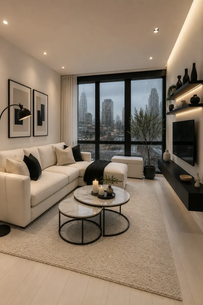 Elegant White Living Room With Black Accents Idea