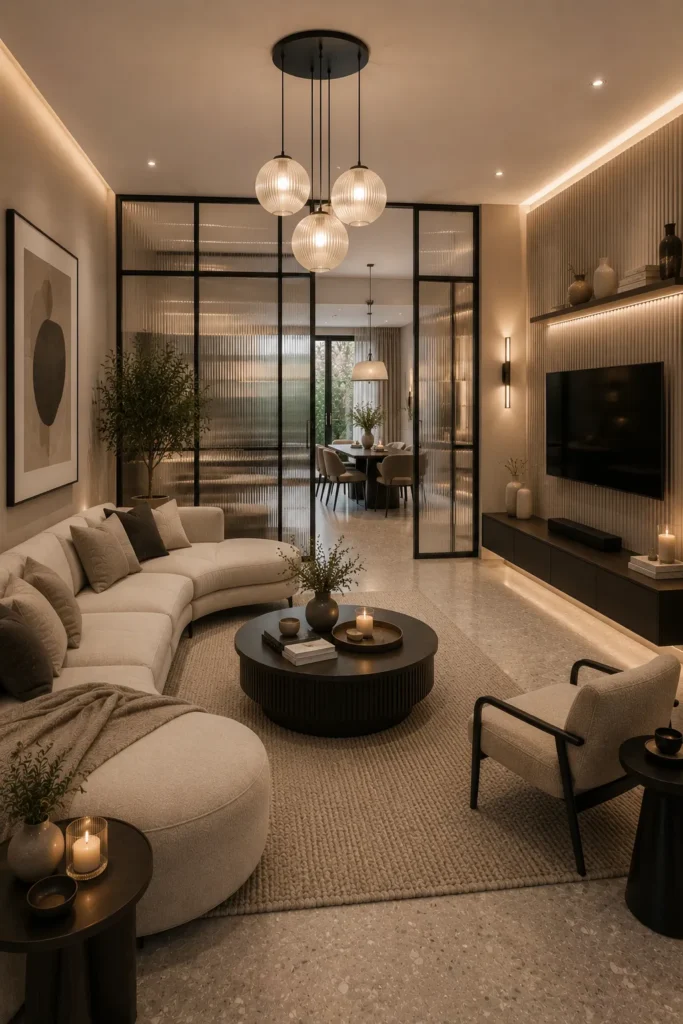 Elegant Terraced Living Room with Ribbed Glass Dividers Idea