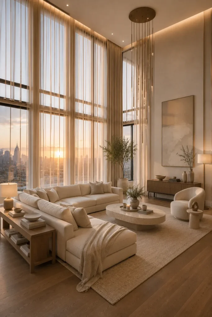 Elegant Living Room With Floor-to-Ceiling Curtains Idea