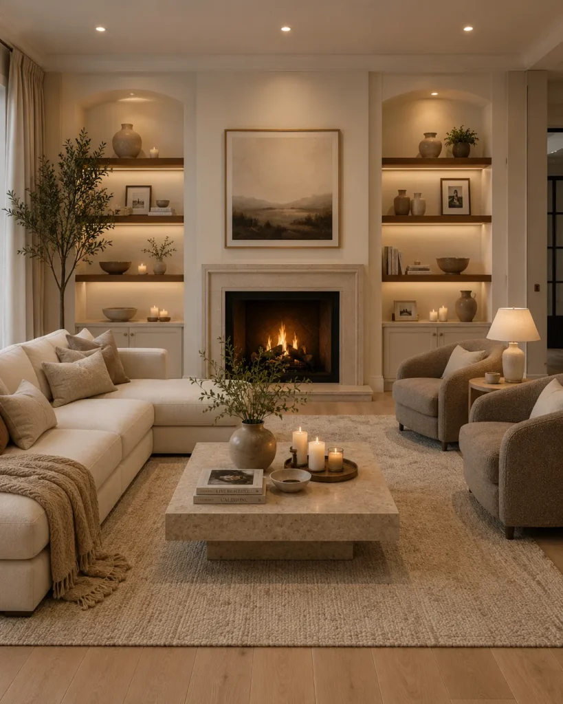Elegant Neutral Living Room with Fireplace Idea