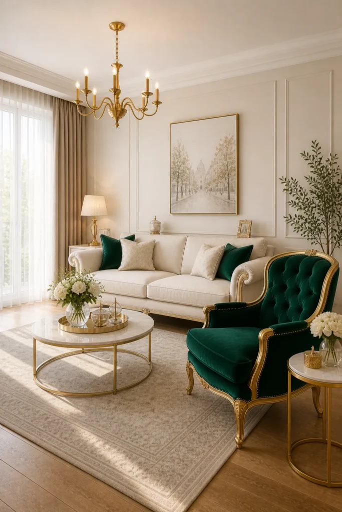 Emerald Accent Modern Rococo Living Room Idea